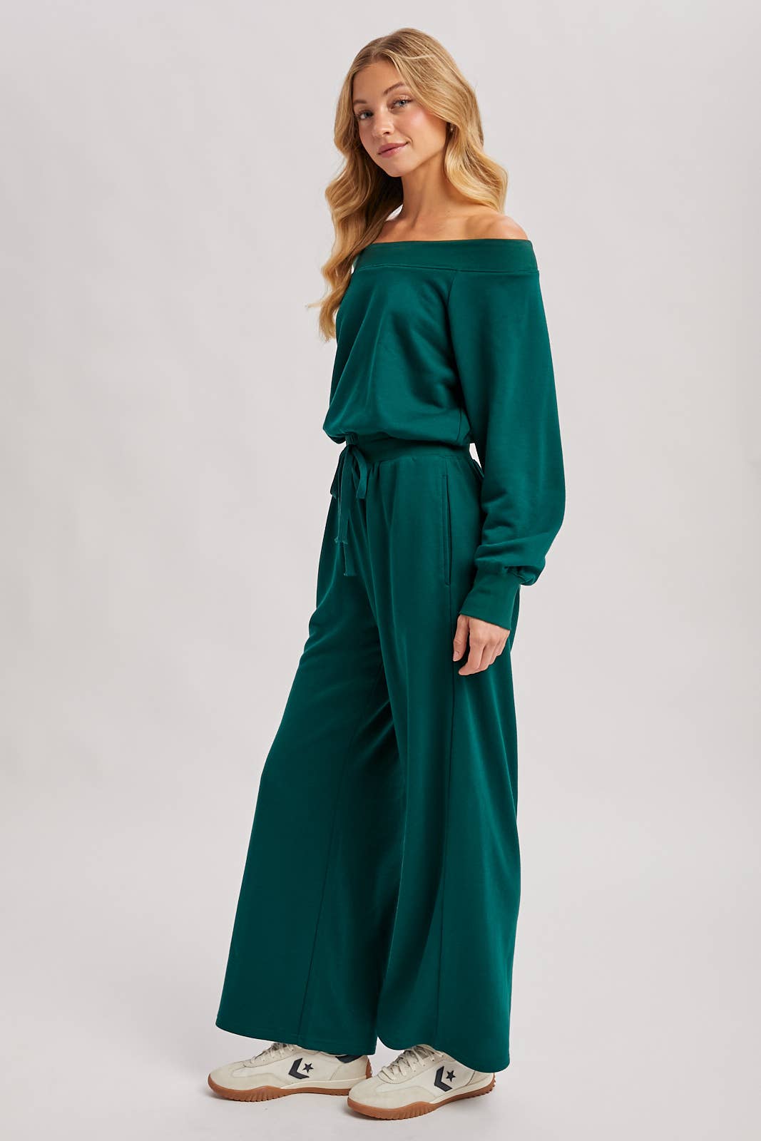 WIDE NECK OFF THE SHOULDER KNIT JUMPSUIT