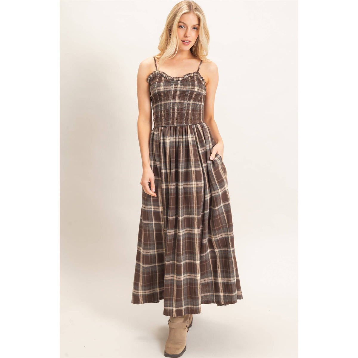Plaid Smocked Maxi Dress