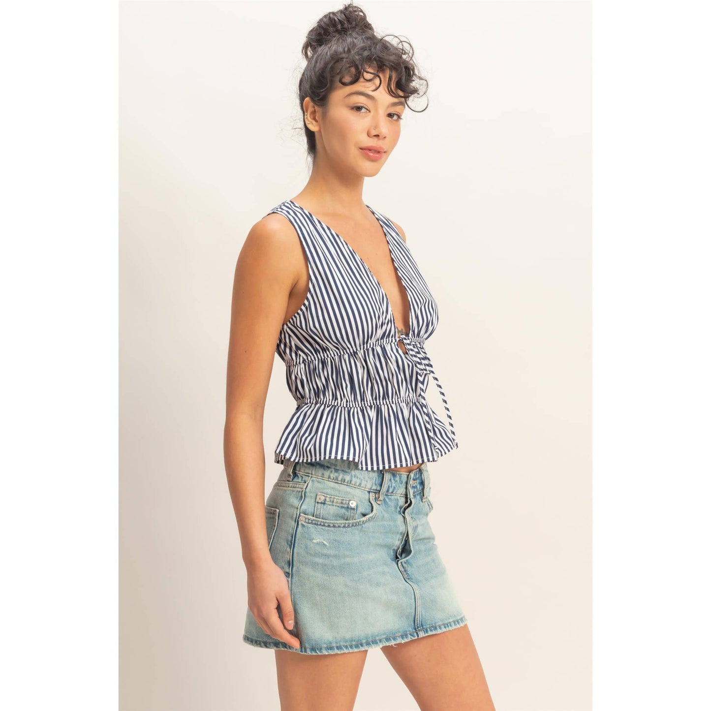 Striped Tie Front Peplum Sleeveless Top