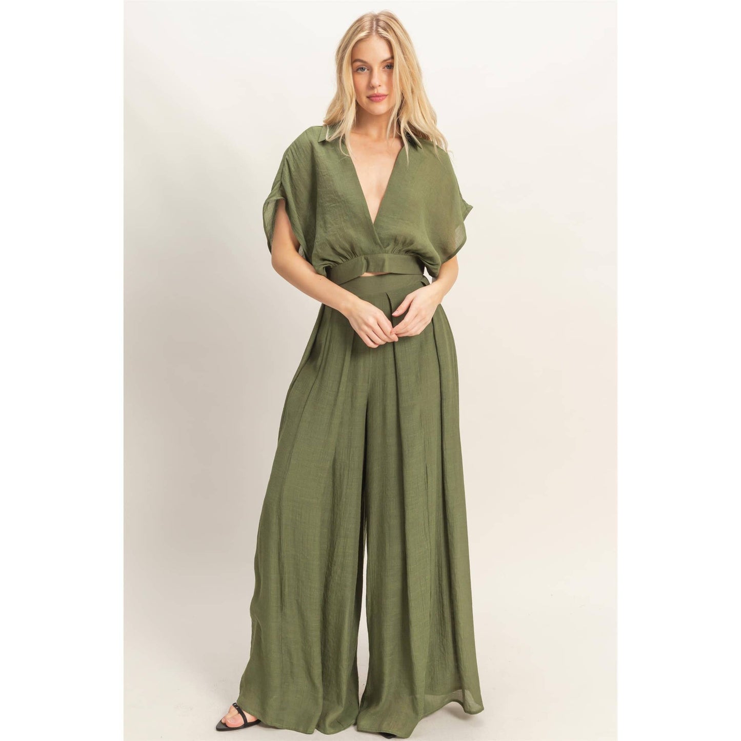 Collared Wrap Top & Wide-Leg Pants Set