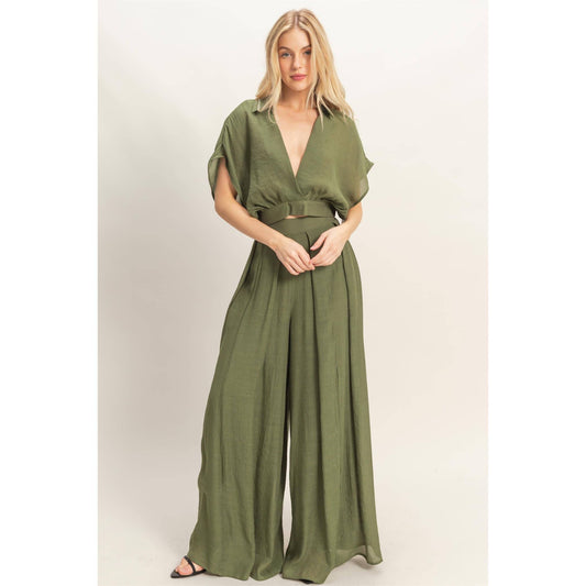 Collared Wrap Top & Wide-Leg Pants Set