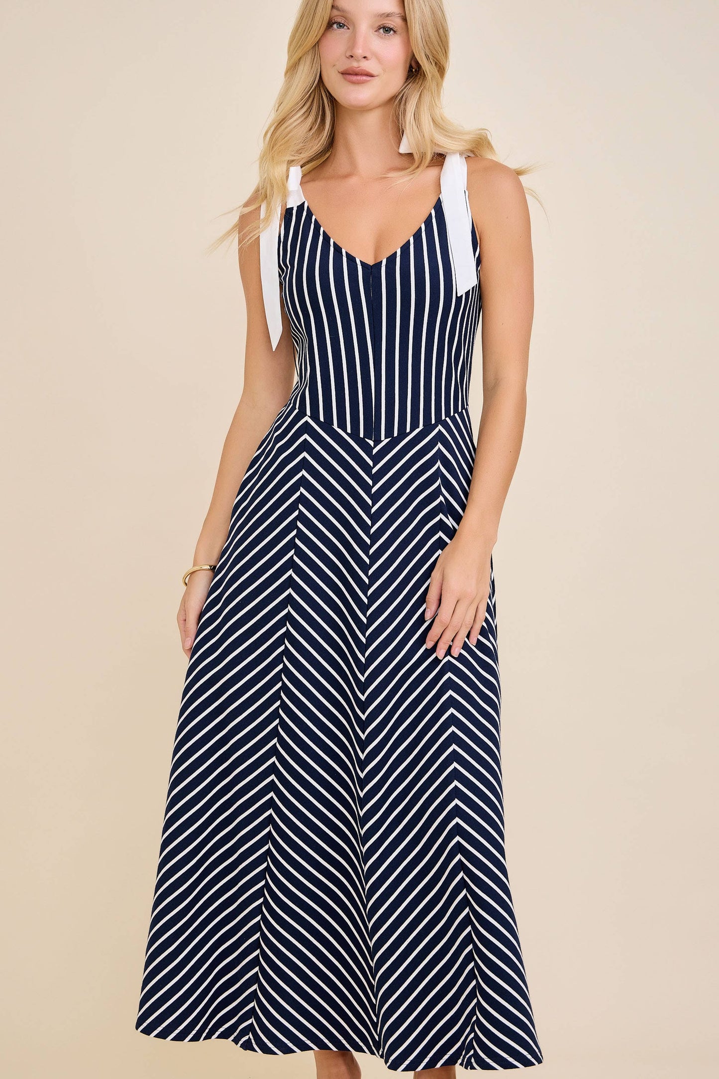 A-line long midi cotton knit dress with stripe