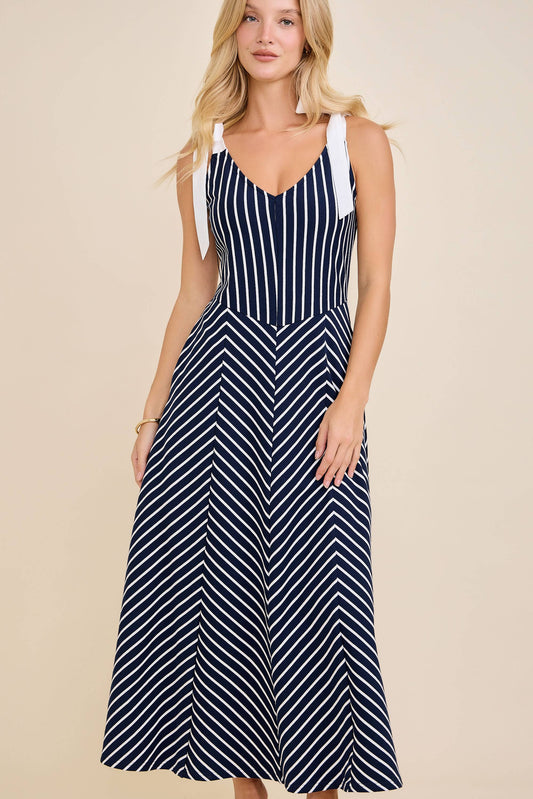 A-line long midi cotton knit dress with stripe