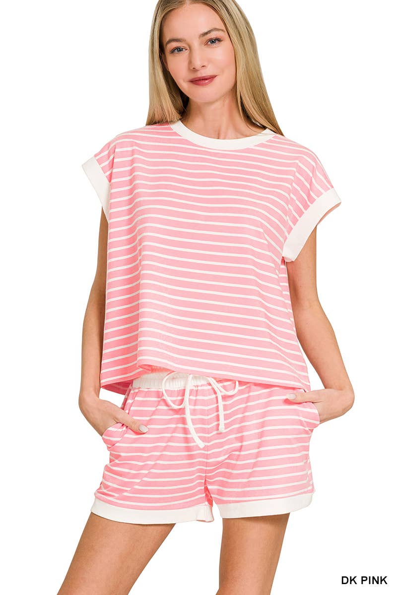 ...0223 Stripe Contrast Trim Top & Shorts Set SI-29132