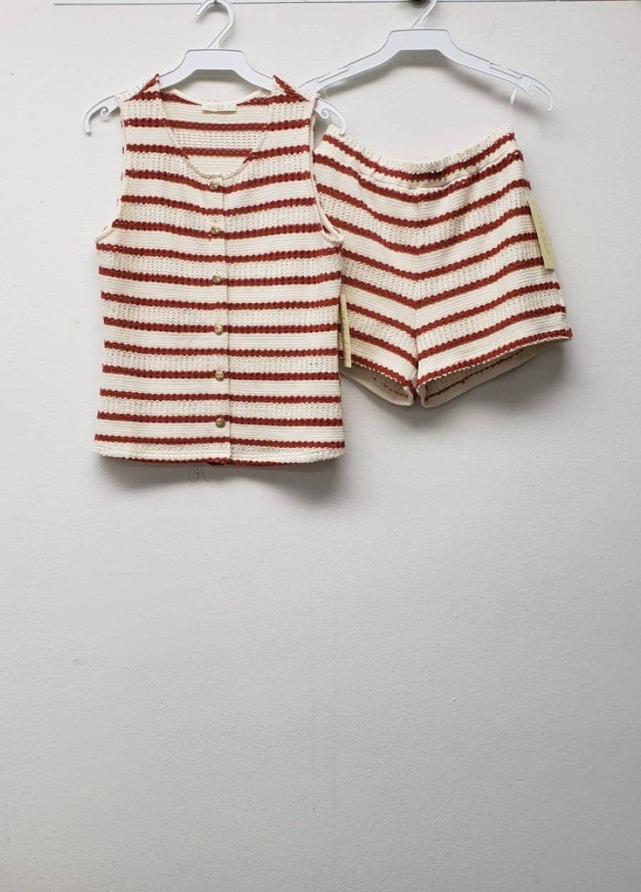 IT1174 -Striped Knit Crochet Two Piece Short Set: RED / S