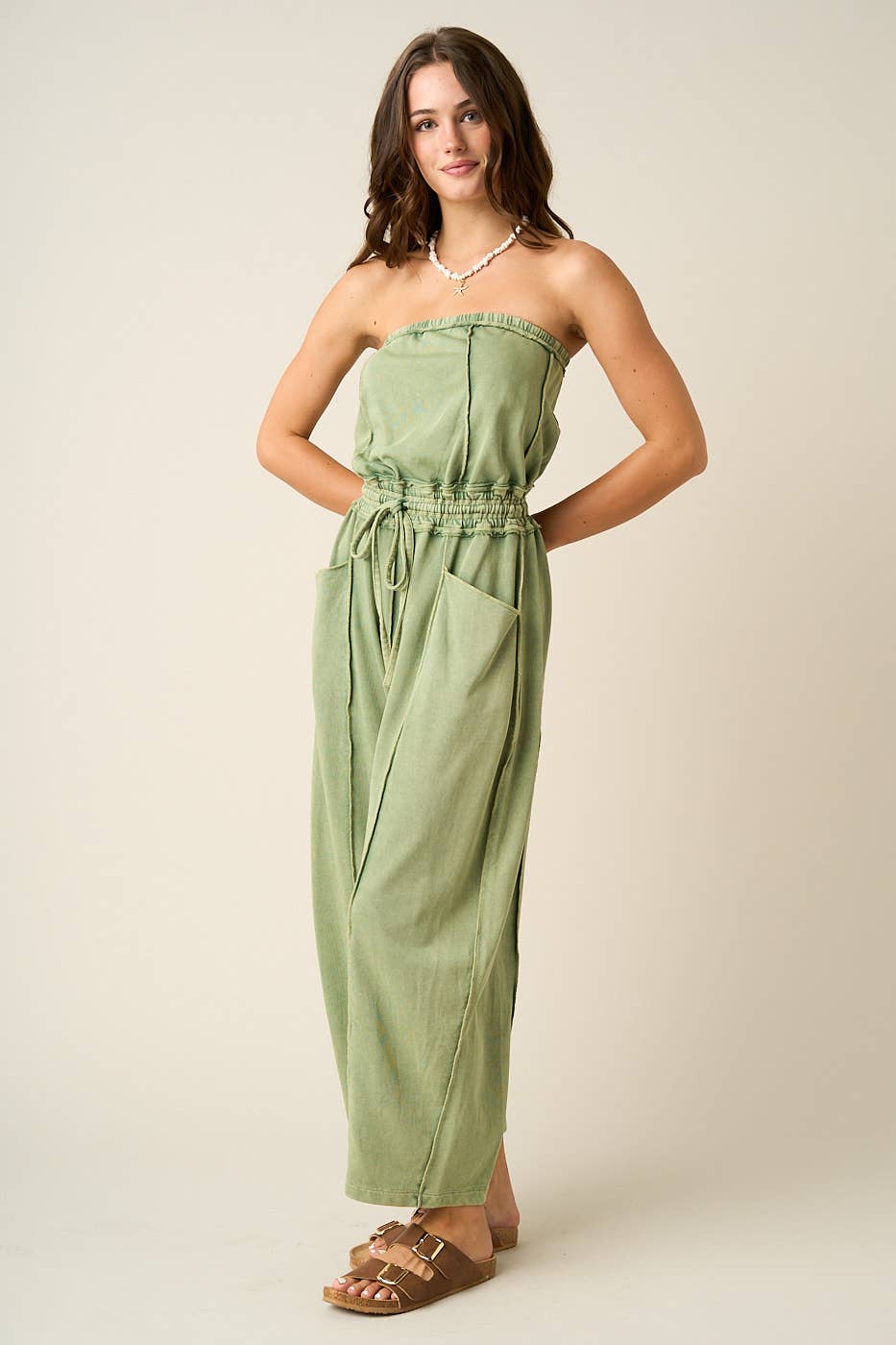 MINERAL WASH CONTRAST STITCH BARREL LEG JUMPSUIT