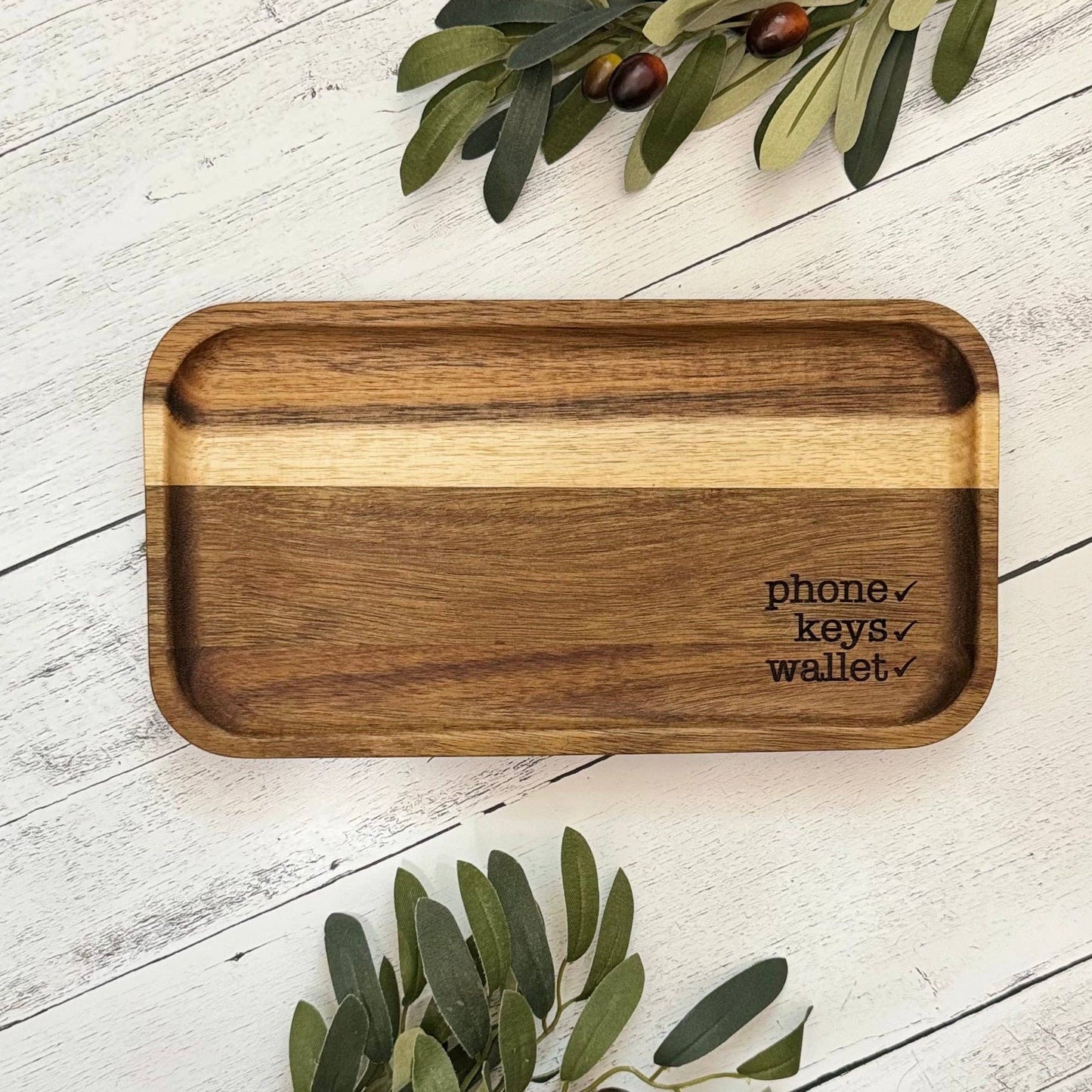 Phone Keys Wallet Acacia Wood Engraved Catch All Tray