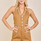 Embroidered Halter Romper with Button Front
