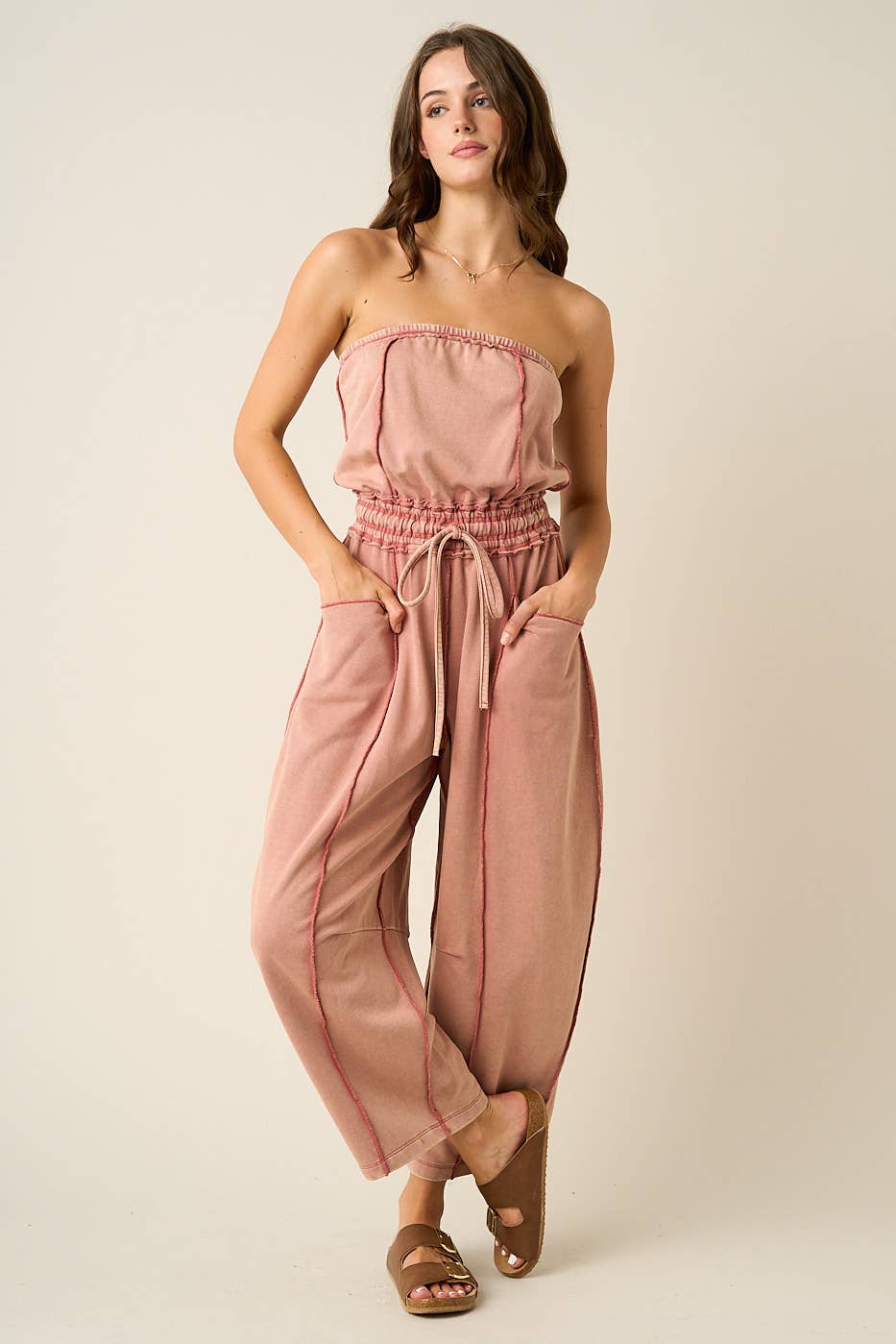 MINERAL WASH CONTRAST STITCH BARREL LEG JUMPSUIT