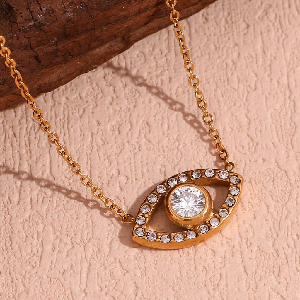 White Eye of Protection (Evil Eye) - 18K Gold Plated, Waterproof CZ Necklace