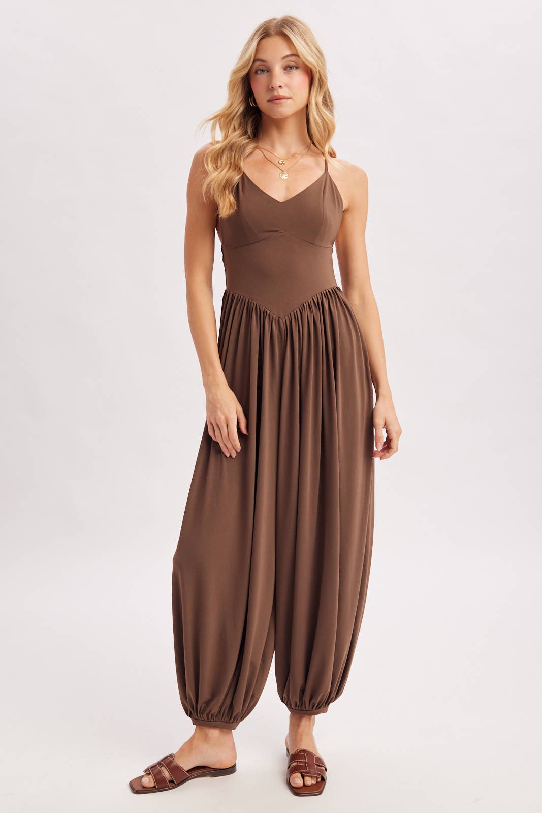V-NECK RELAXED FLOWY LEGS JUMPSUIT CRISS-CROSS OPEN BACK