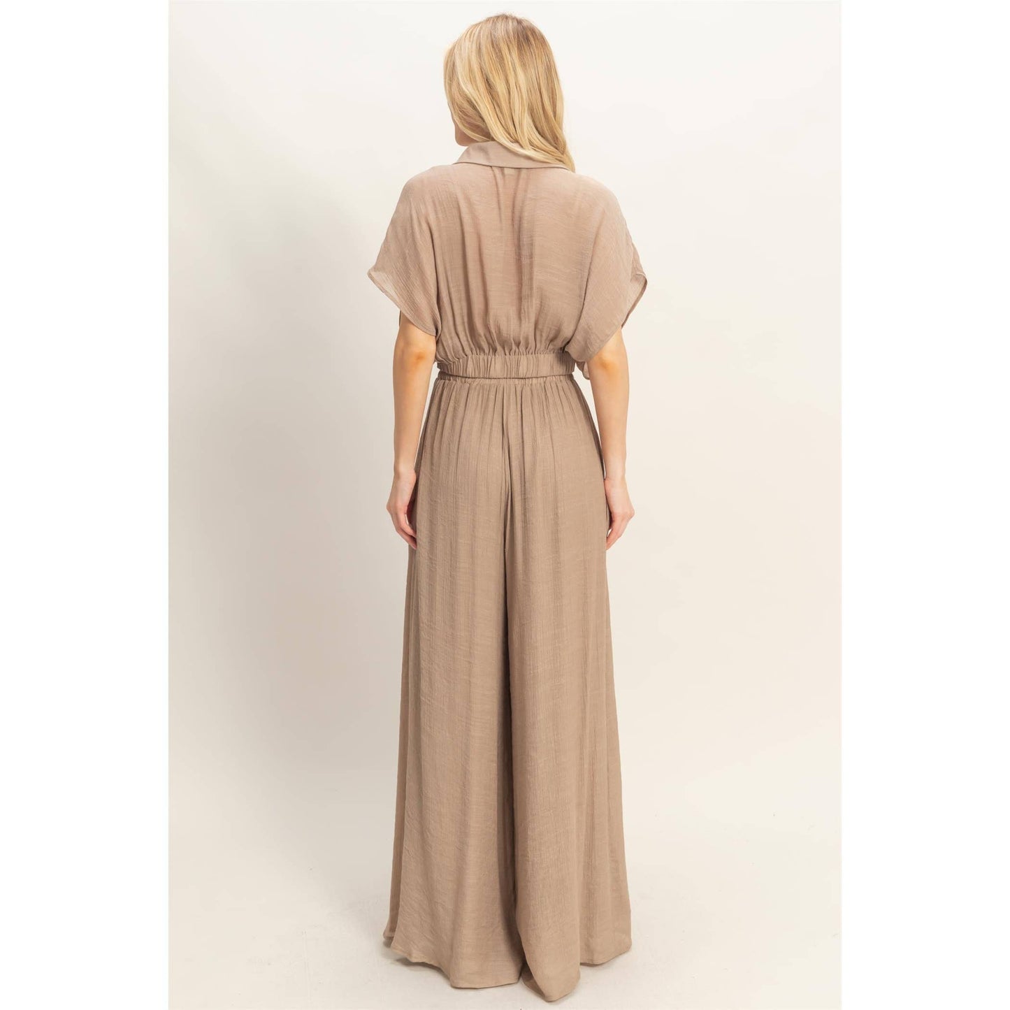 Collared Wrap Top & Wide-Leg Pants Set