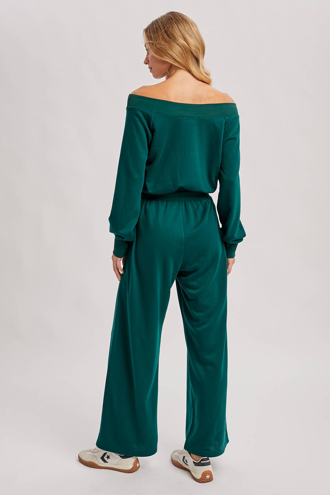 WIDE NECK OFF THE SHOULDER KNIT JUMPSUIT