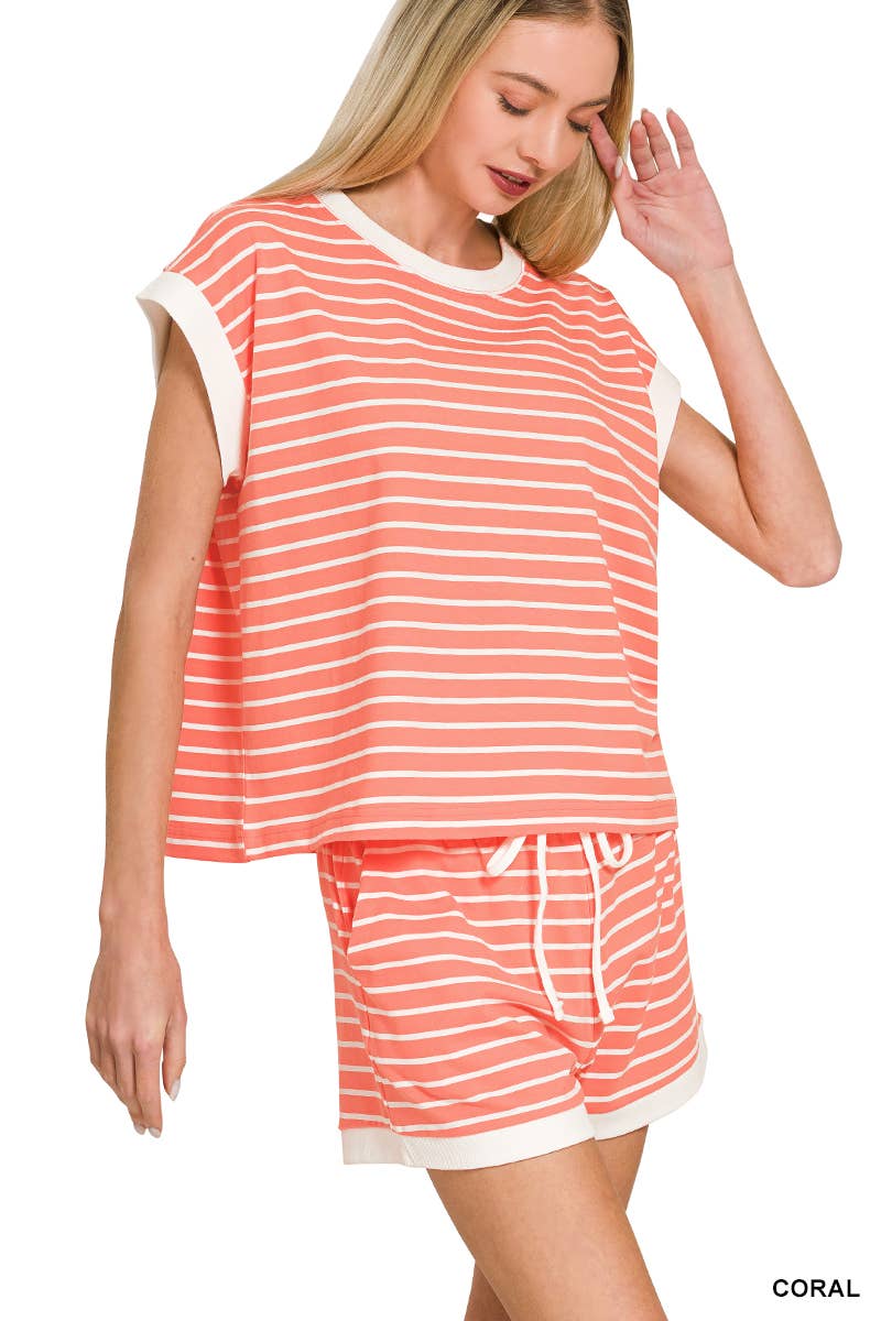 ...0223 Stripe Contrast Trim Top & Shorts Set SI-29132