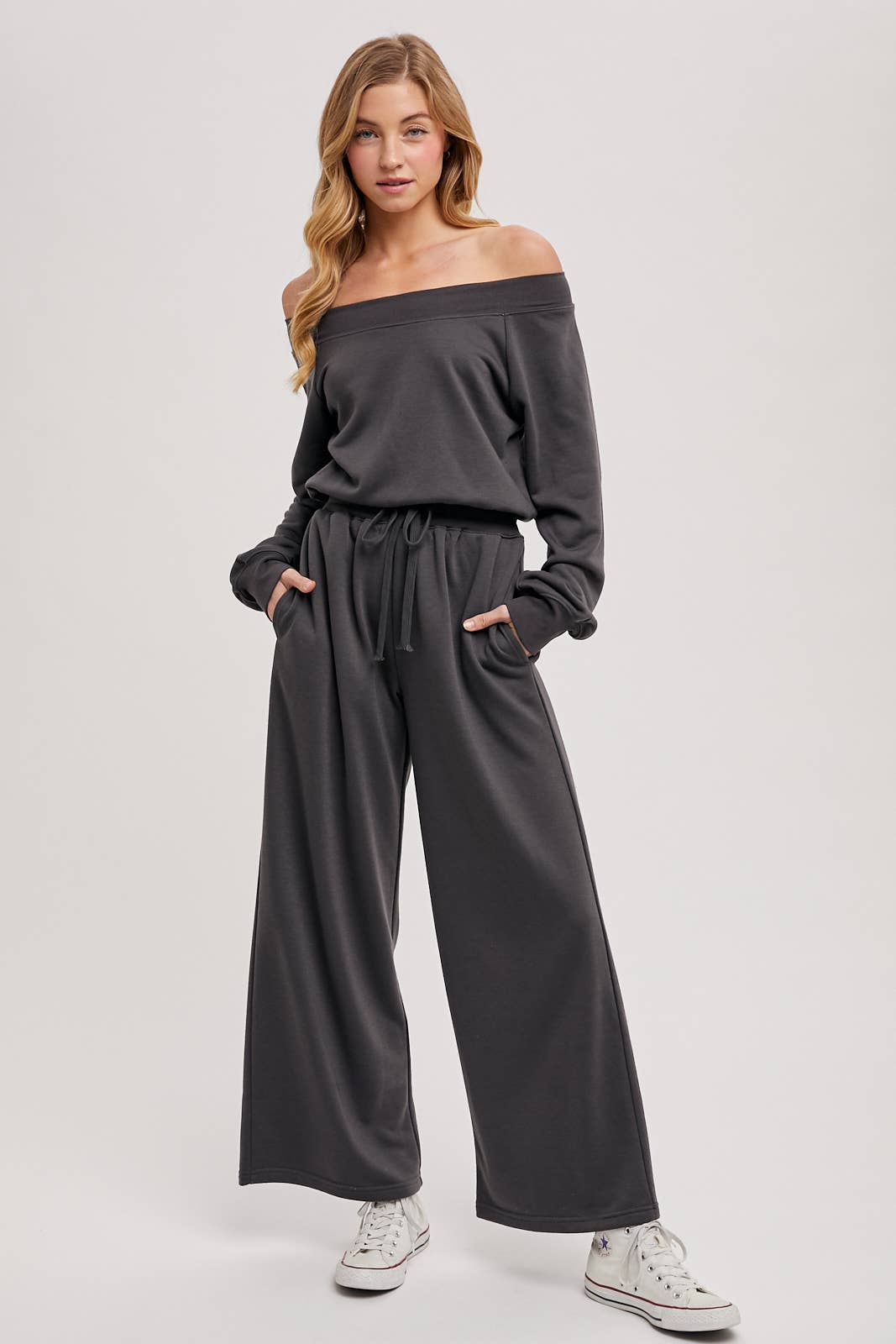 WIDE NECK OFF THE SHOULDER KNIT JUMPSUIT