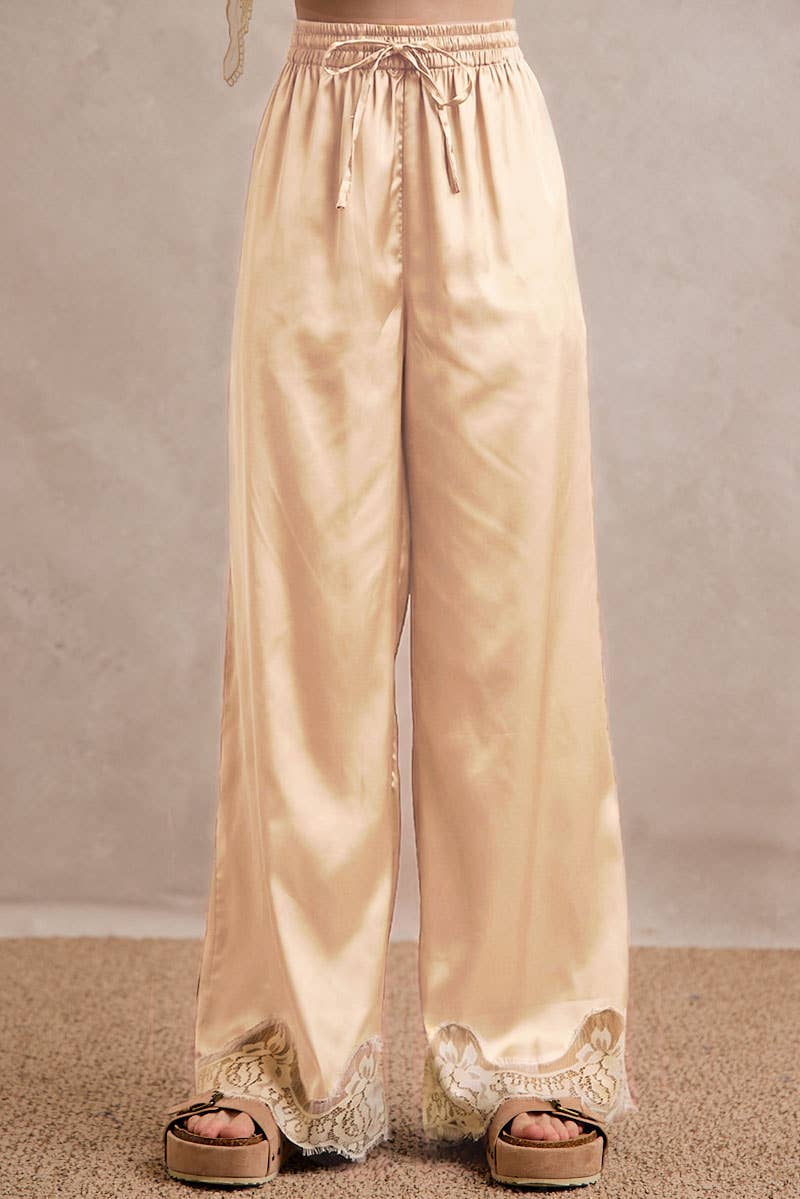 SATIN LACE TRIM WIDE LEG ELASTIC MID RISE PANTS