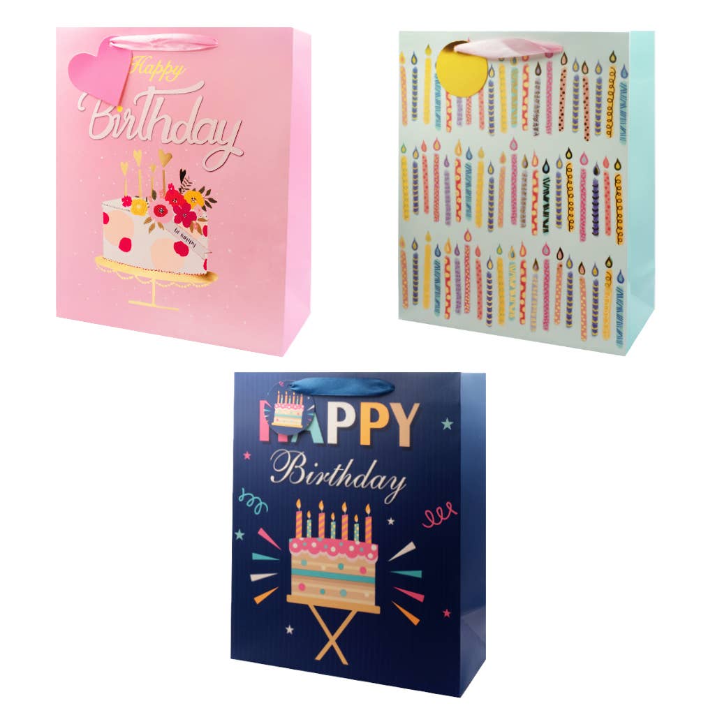 Cake and Candle Happy Birthday Foil Gift Bag w Ribbon Handle