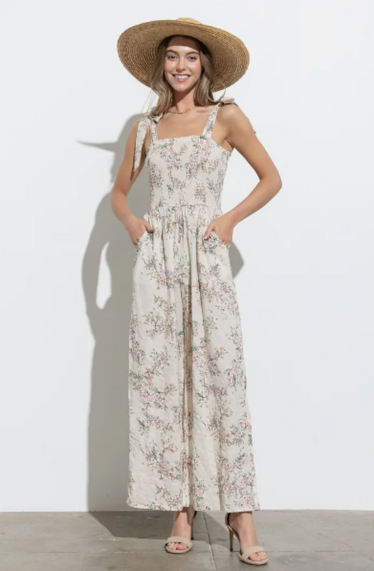 Floral Shoulder Tie Jumpsuit