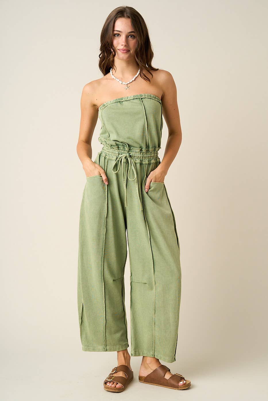 MINERAL WASH CONTRAST STITCH BARREL LEG JUMPSUIT