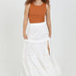 26P74-ASIS TIERED MAXI SKIRT WITH LACE TRIM AND SLIT