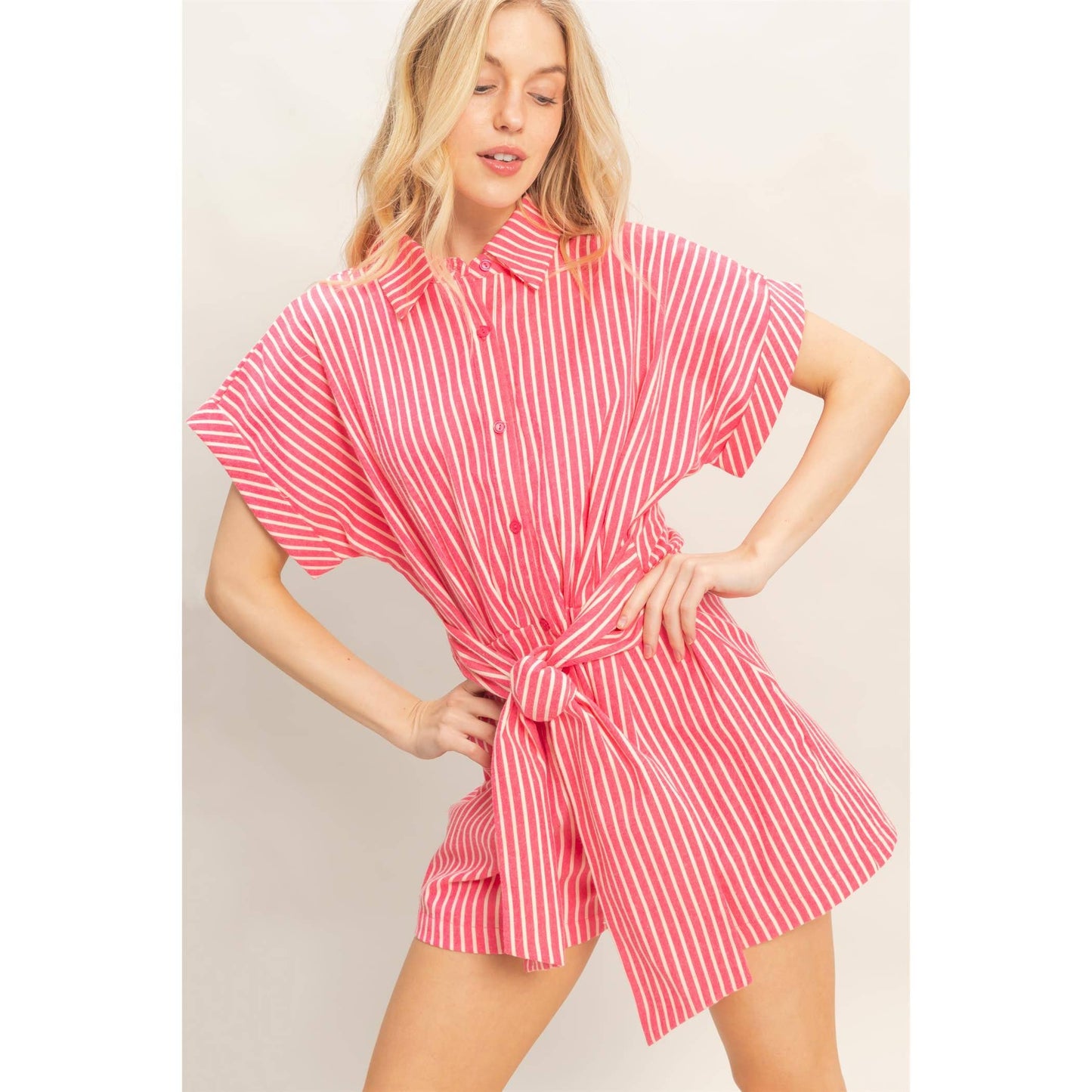 Collared Striped Romper With Sash