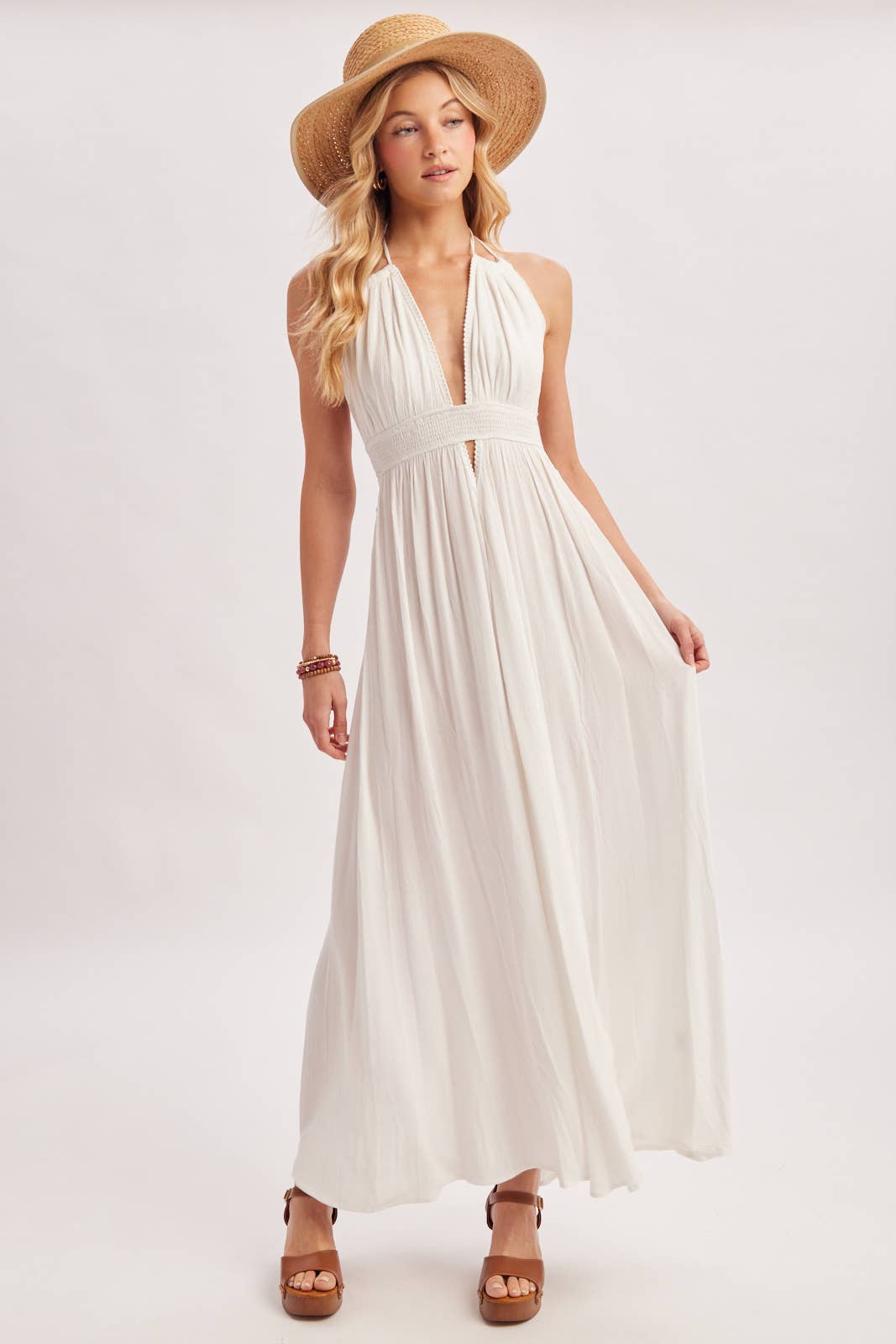 A CRINKLY CREPE DEEP V-NECK HALTER MAXI SUNDRESS