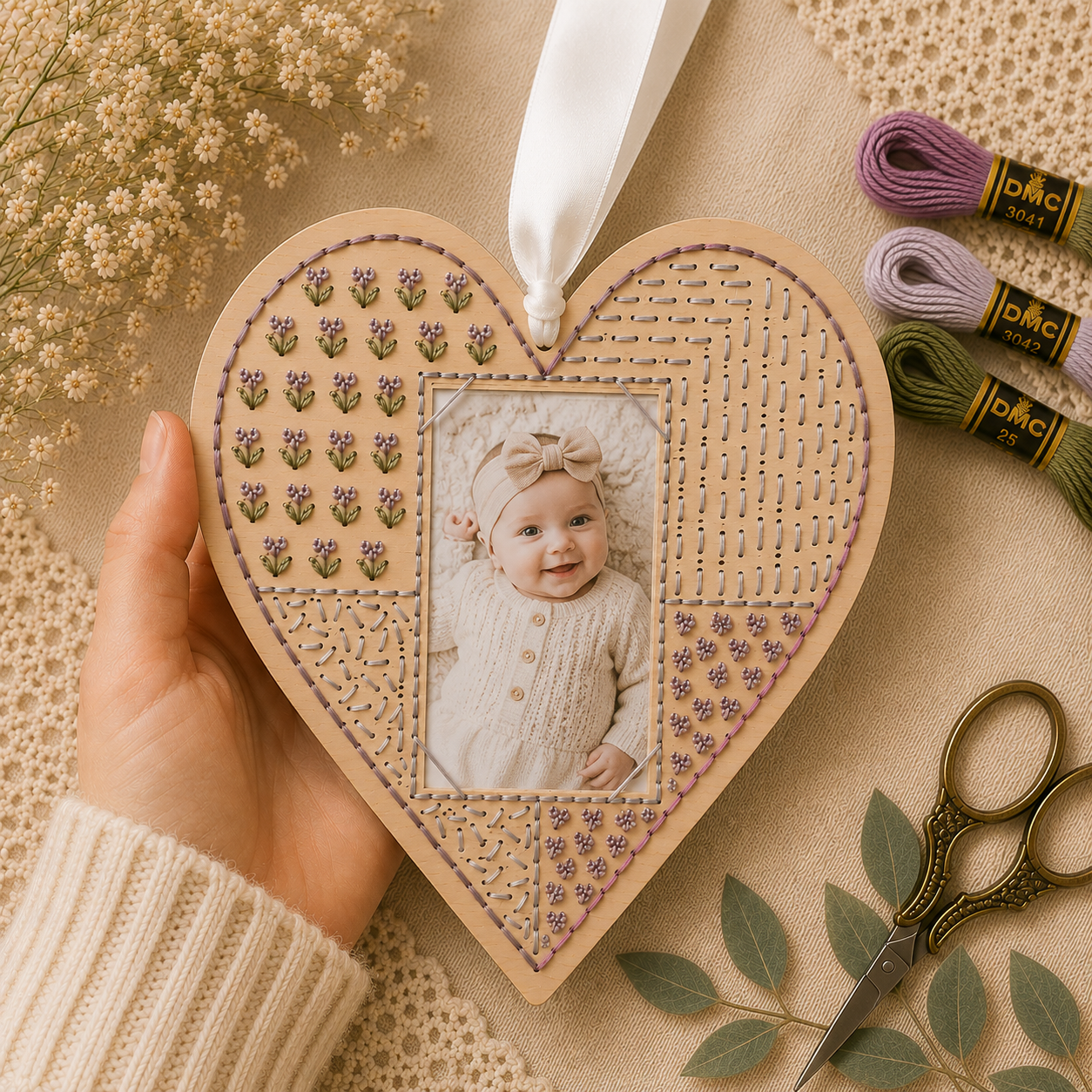 Lavender Heart Photo Frame DIY Wood Embroidery Kit