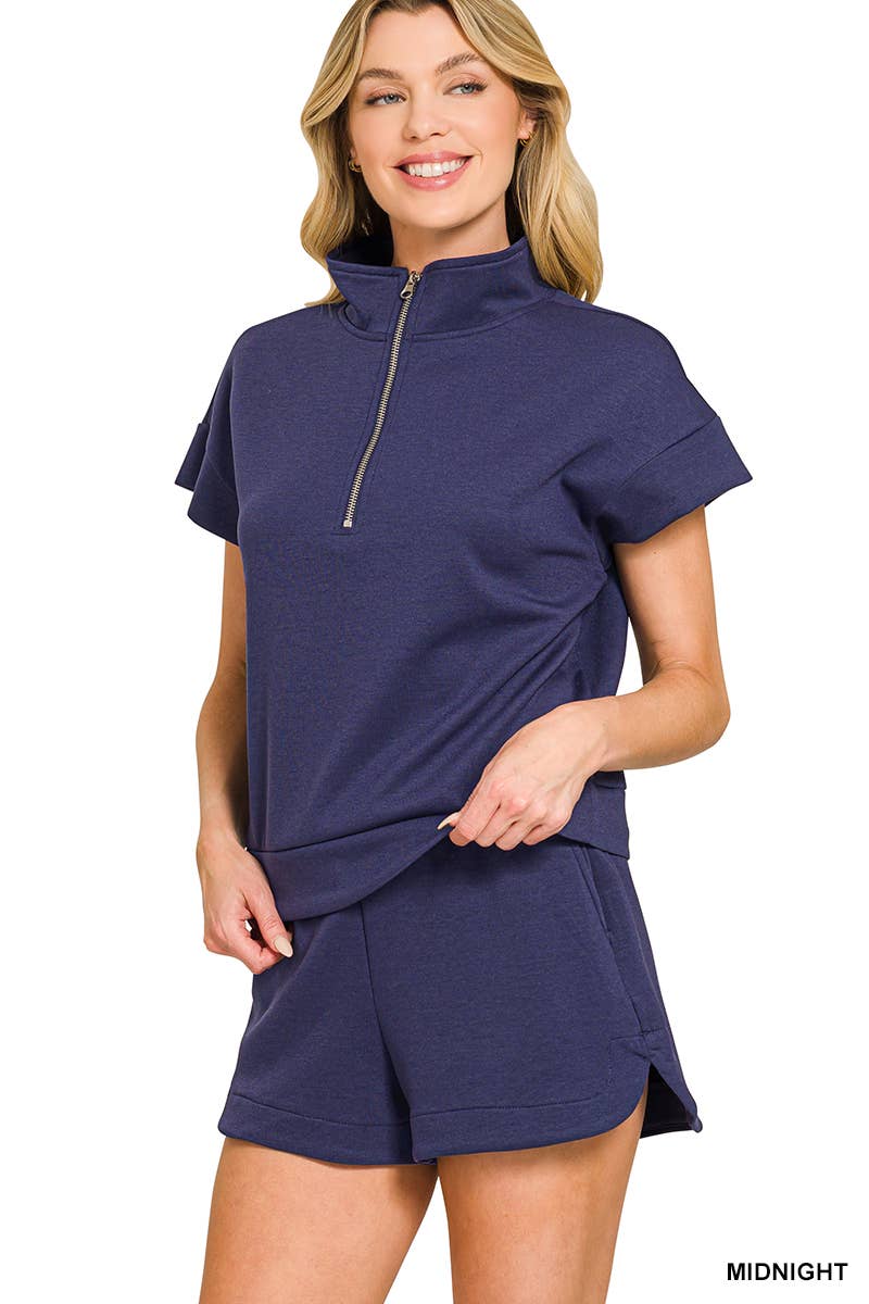 Scuba High Neck Half Zip Top & Dolphin Shorts Set Zenana