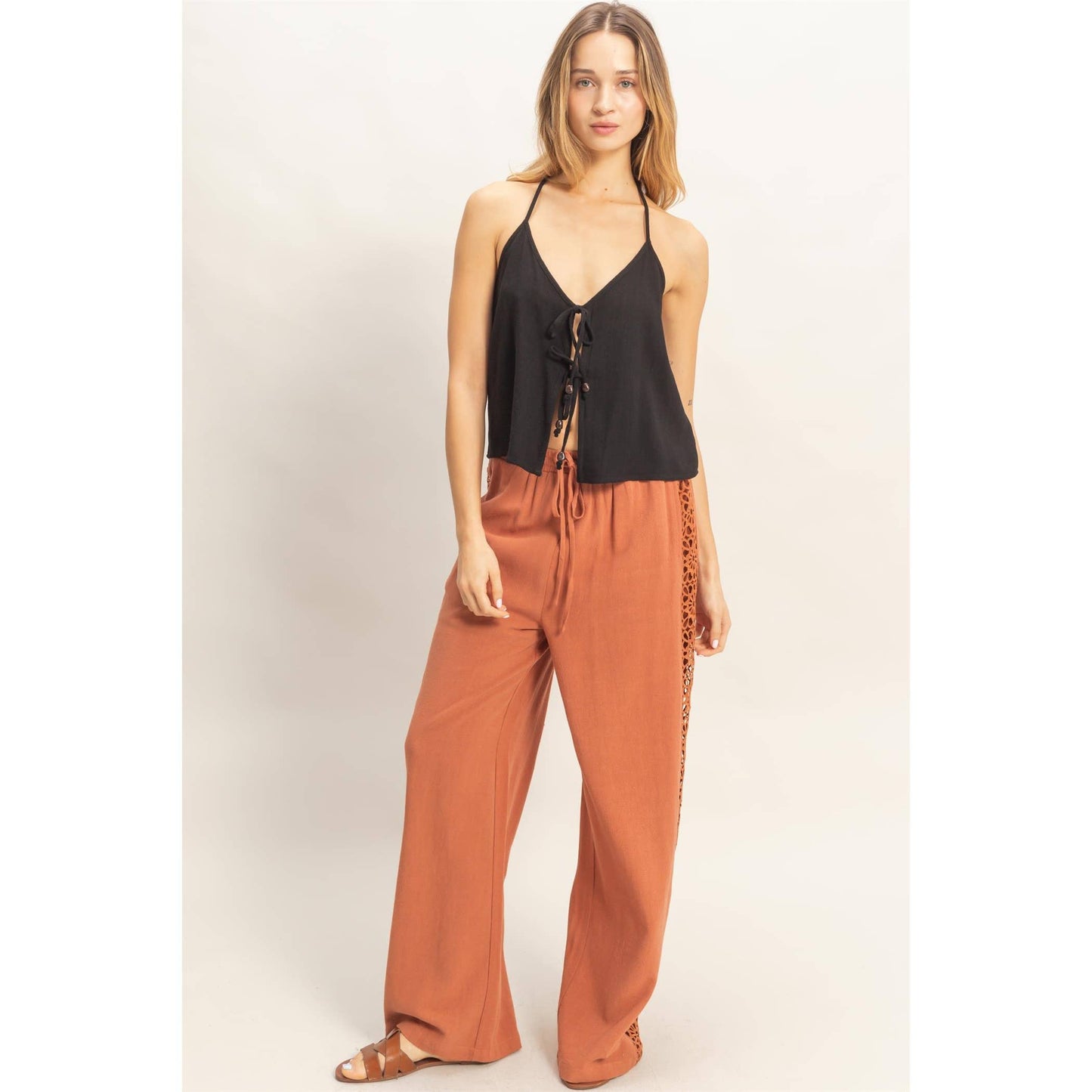 Lace Trim Wide Leg Pants