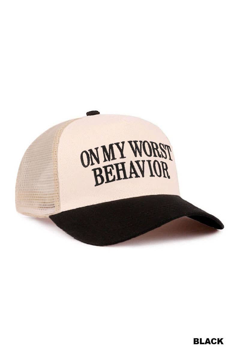 On My Worst Behavior Two Tone Mesh Snapback Hat  Zenana Consgt.