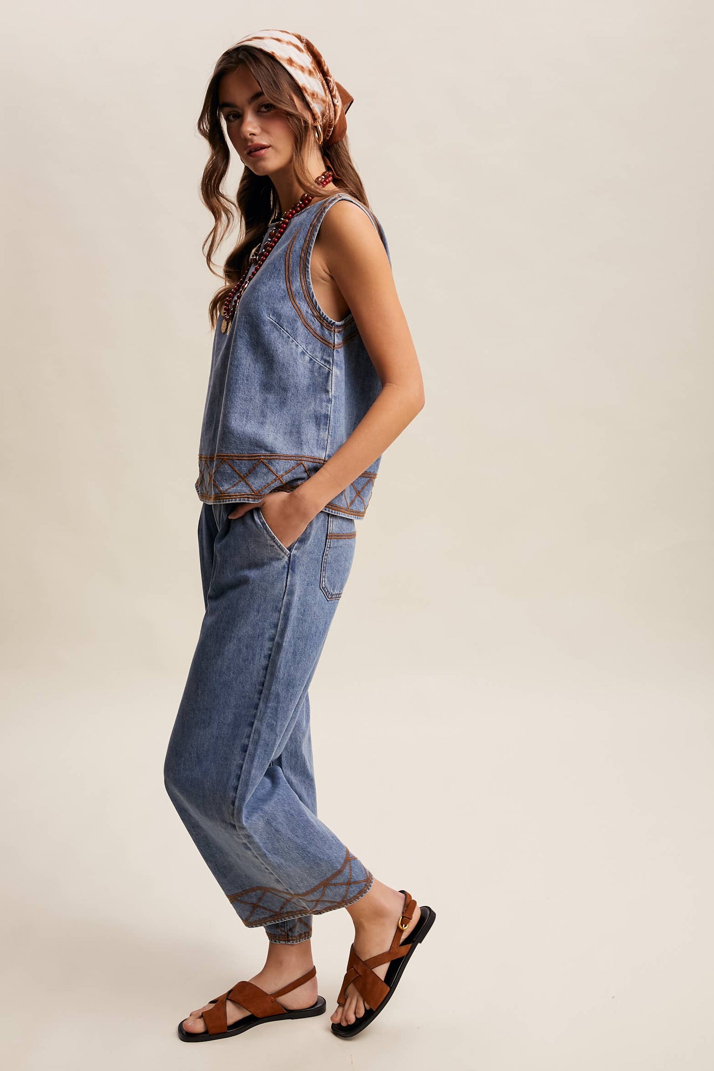 Embroidered Denim Tank & Wide-Leg Pants Set