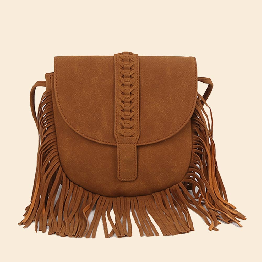Suede Fringe Flap Boho Crossbody Bag