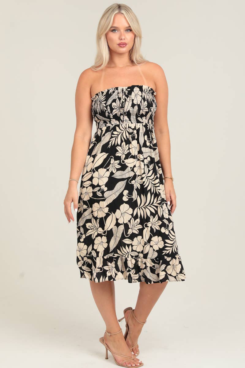 C4F45-A920 SMOCKED BODICE STRAPLESS MIDI DRESS W POCKETS