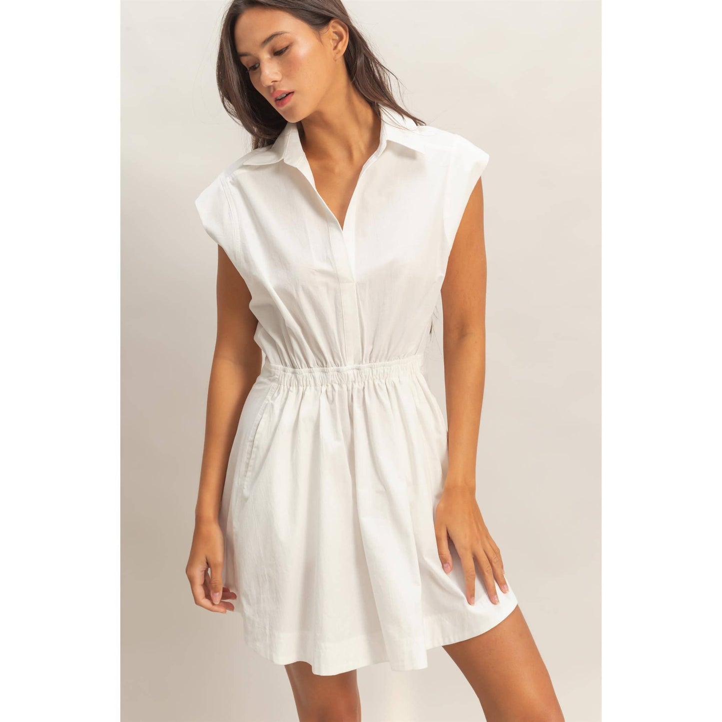 Sleeveless Collared Shirred Mini Dress