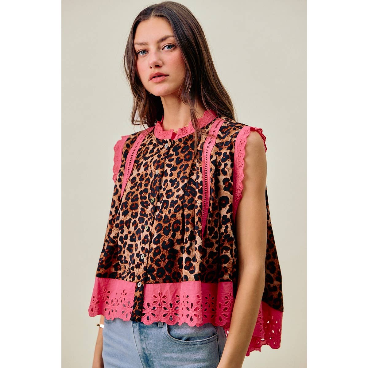 LEOPARD BUTTON UP PLEATED SLEEVELESS BLOUSE TOP