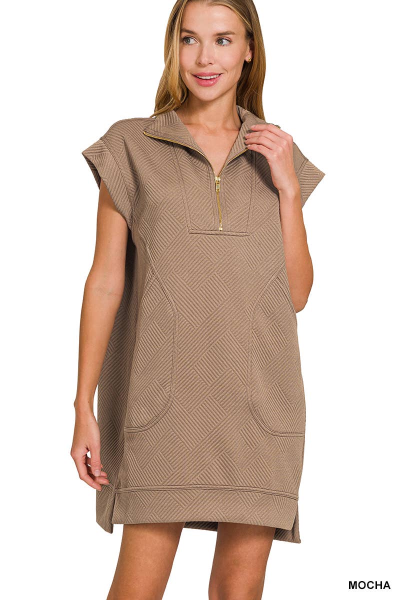 Textured Knit Jacquard Quarter Zipper Dress Zenana