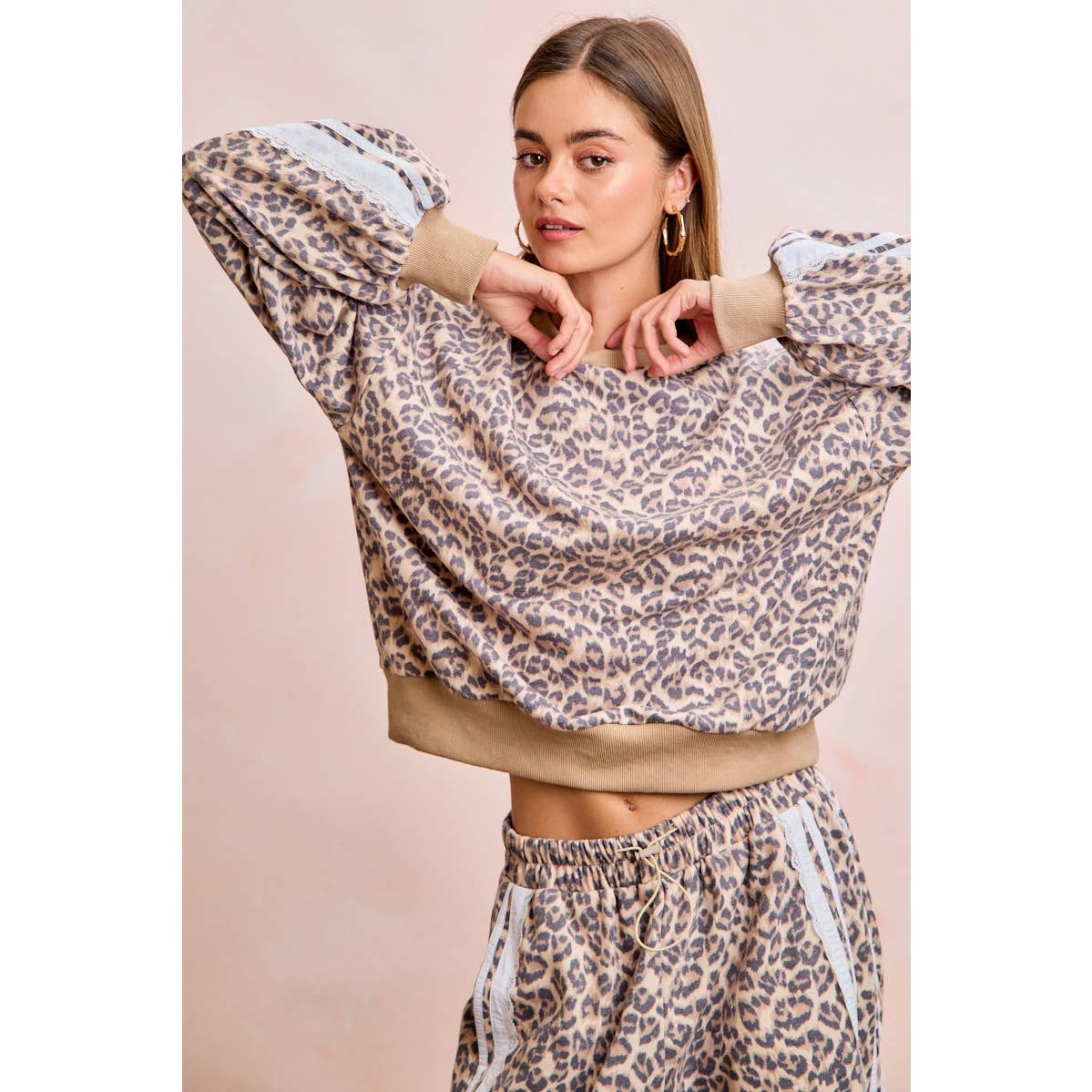 LEOPARD FRENCH TERRY LACE CONTRAST SWEATSHIRT TOP