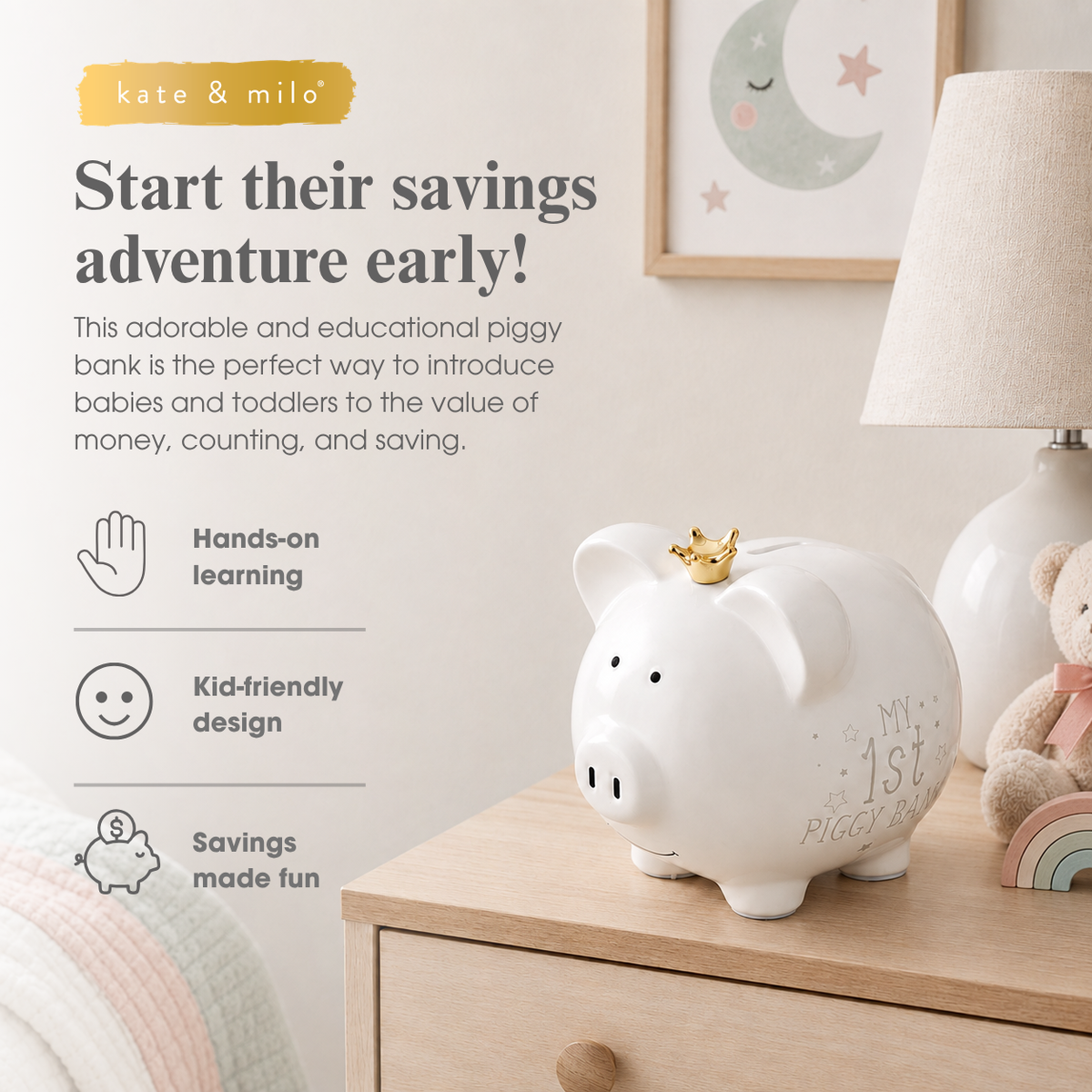 Large Ceramic My First Piggy Bank, White with Gold Crown