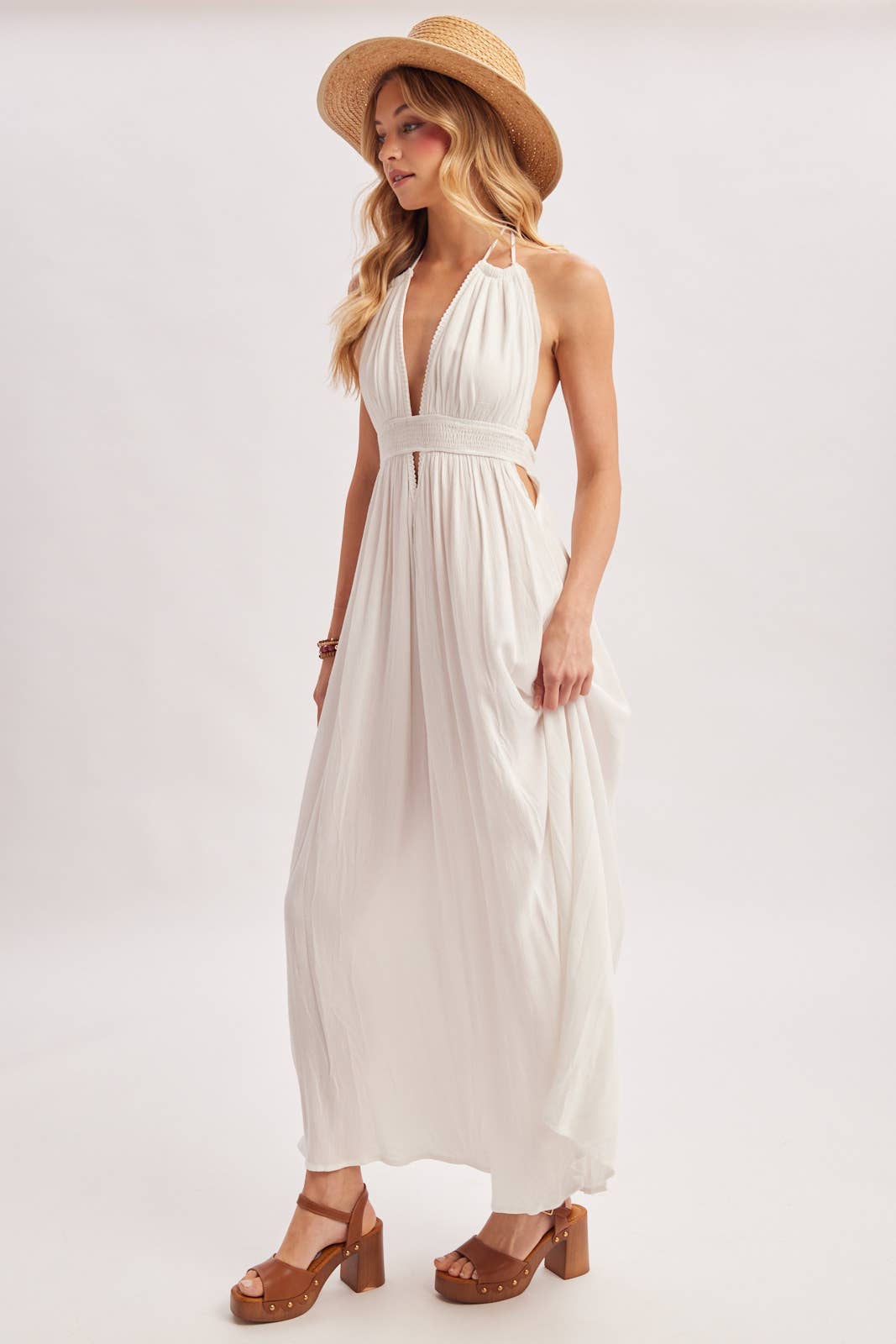 A CRINKLY CREPE DEEP V-NECK HALTER MAXI SUNDRESS