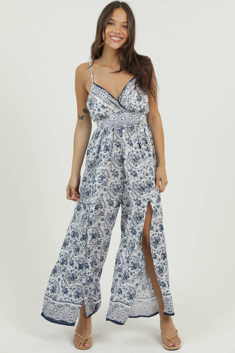 B5957-A987 V NECK JUMPSUIT WITH SLIT LEG DETAILS