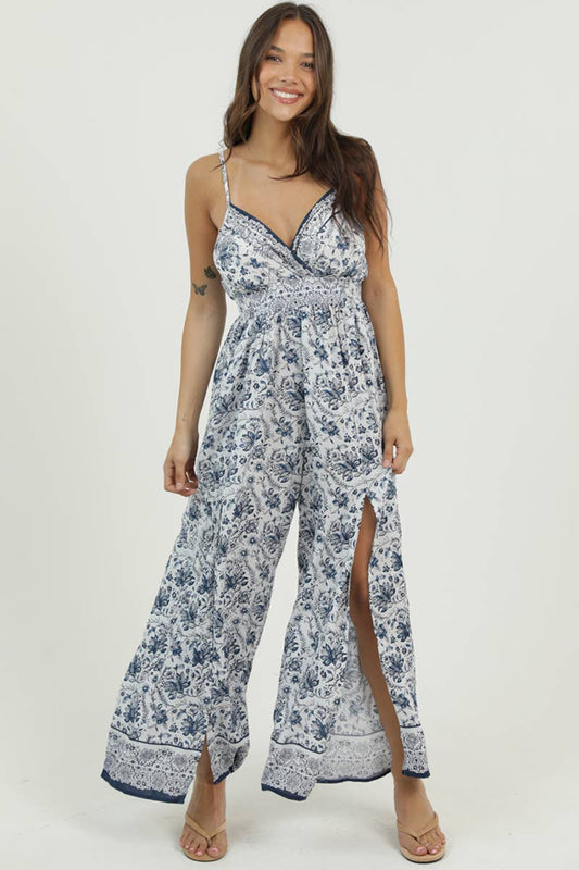 B5957-A987 V NECK JUMPSUIT WITH SLIT LEG DETAILS