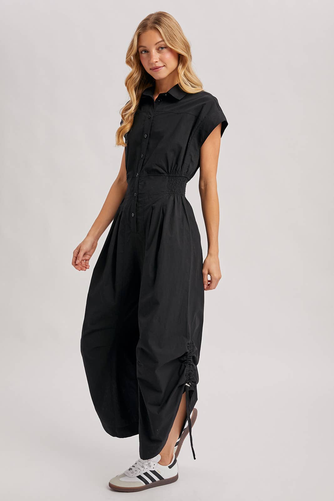 BUTTON DOWN UTILITY SHIRTING JUMPSUIT