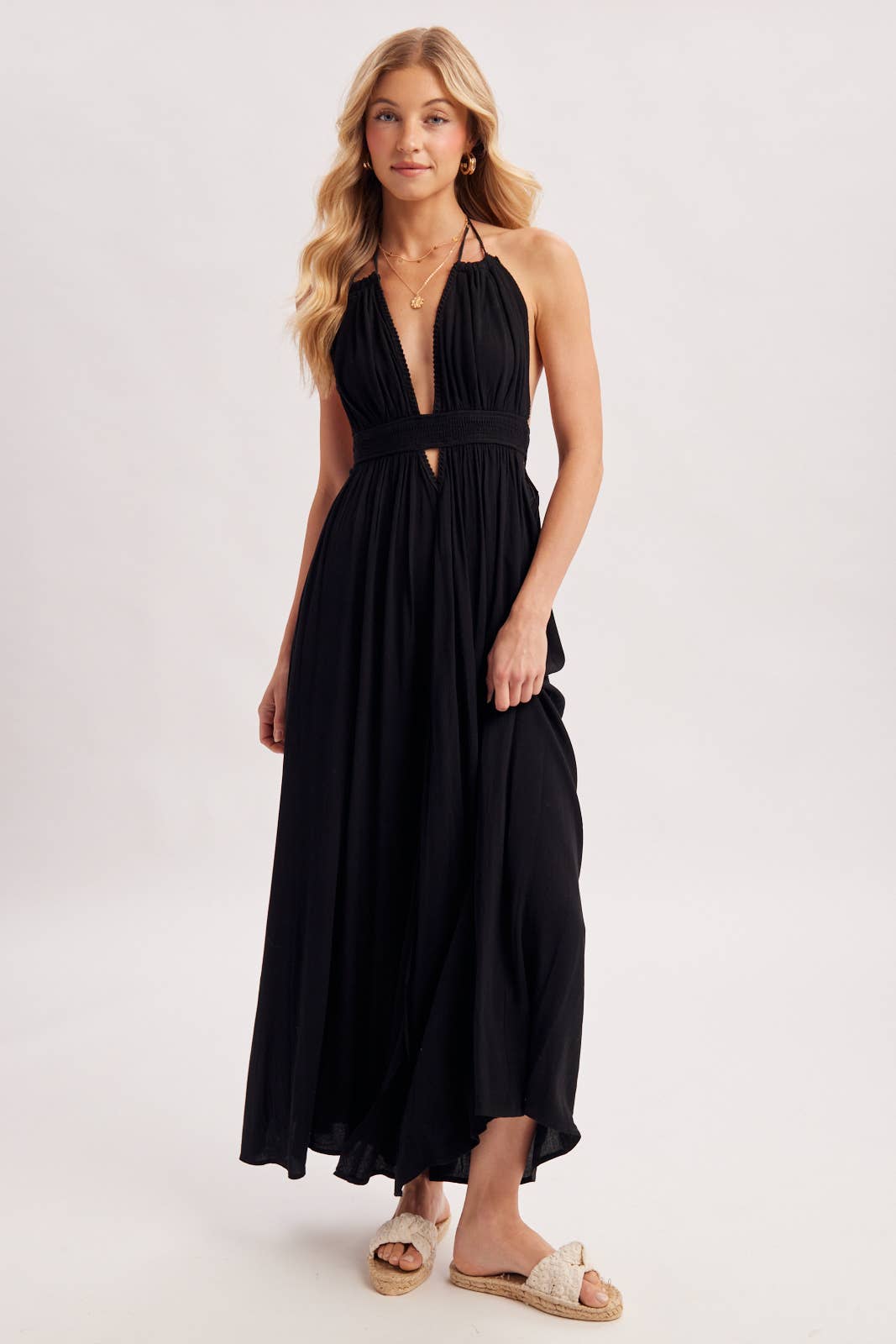 A CRINKLY CREPE DEEP V-NECK HALTER MAXI SUNDRESS