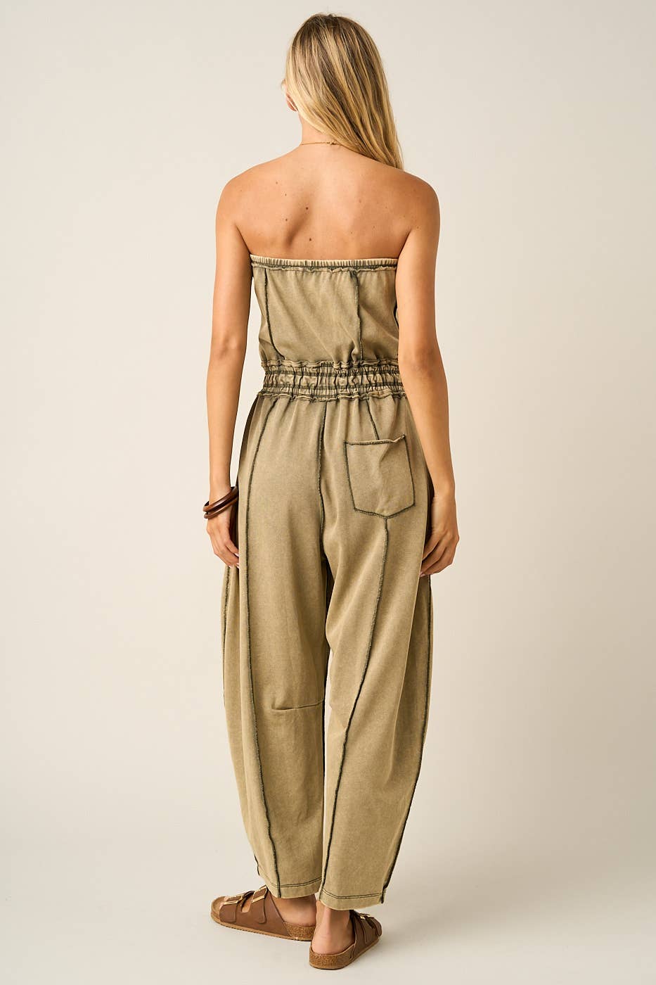 MINERAL WASH CONTRAST STITCH BARREL LEG JUMPSUIT