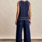 Embroidered Denim Tank & Wide-Leg Pants Set