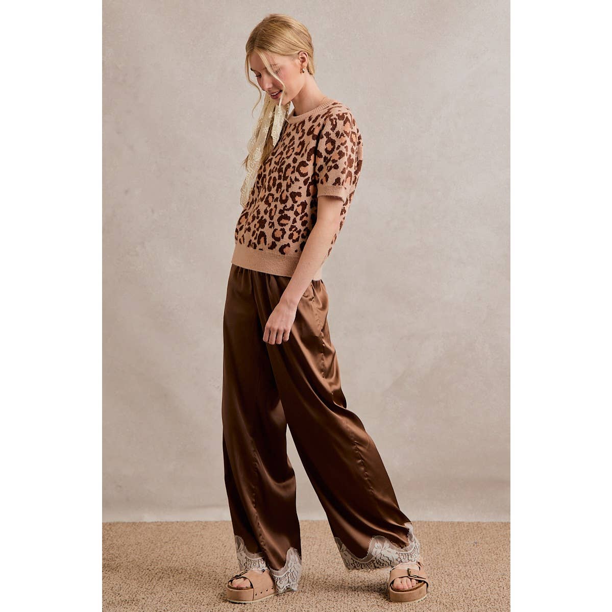 SATIN LACE TRIM WIDE LEG ELASTIC MID RISE PANTS
