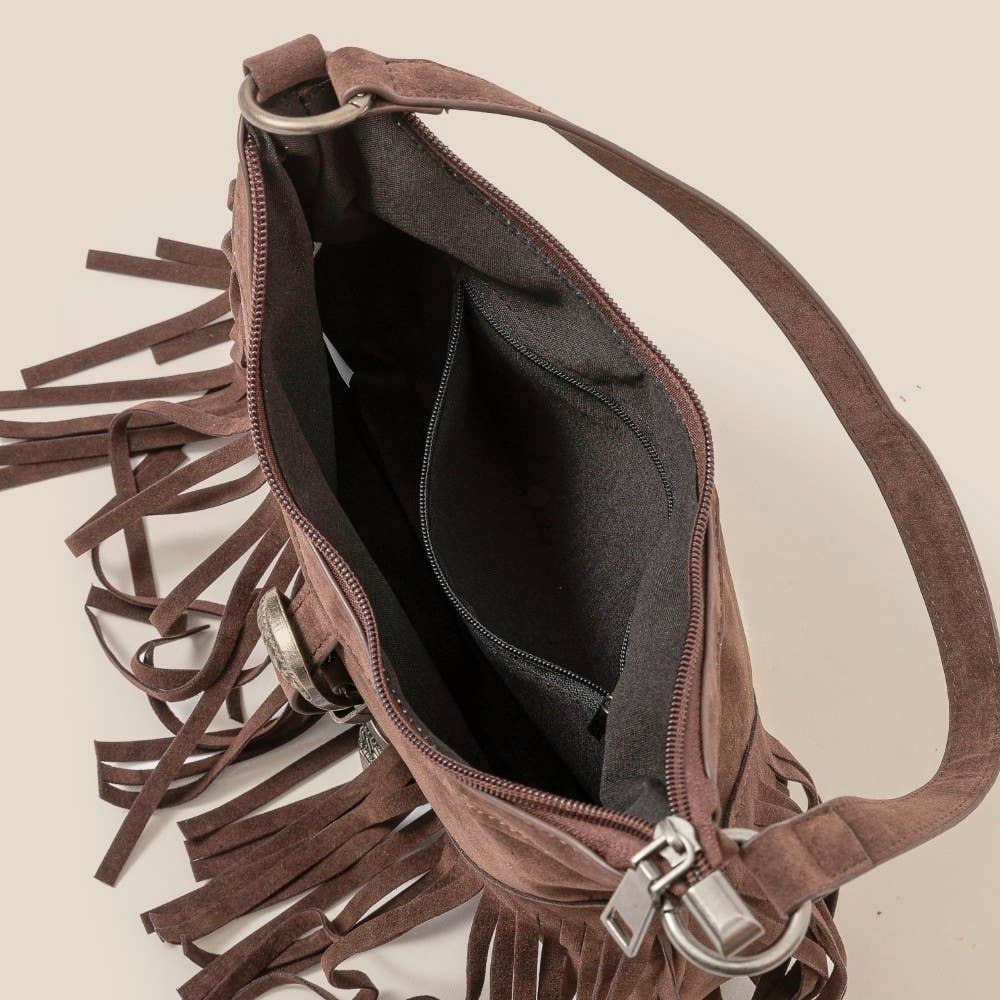 Faux Suede Cascade Fringe Shoulder Bag