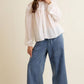 LACE TRIM WIDE LEG ELASTIC MID RISE DENIM PANTS