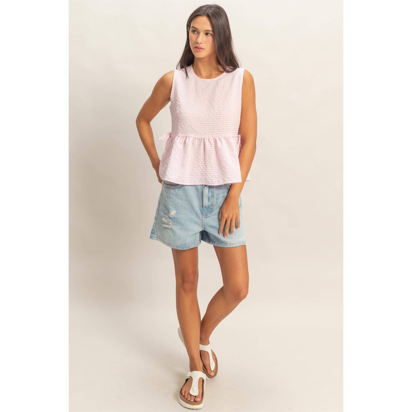 Gingham Sleeveless Peplum Top With Side Ties