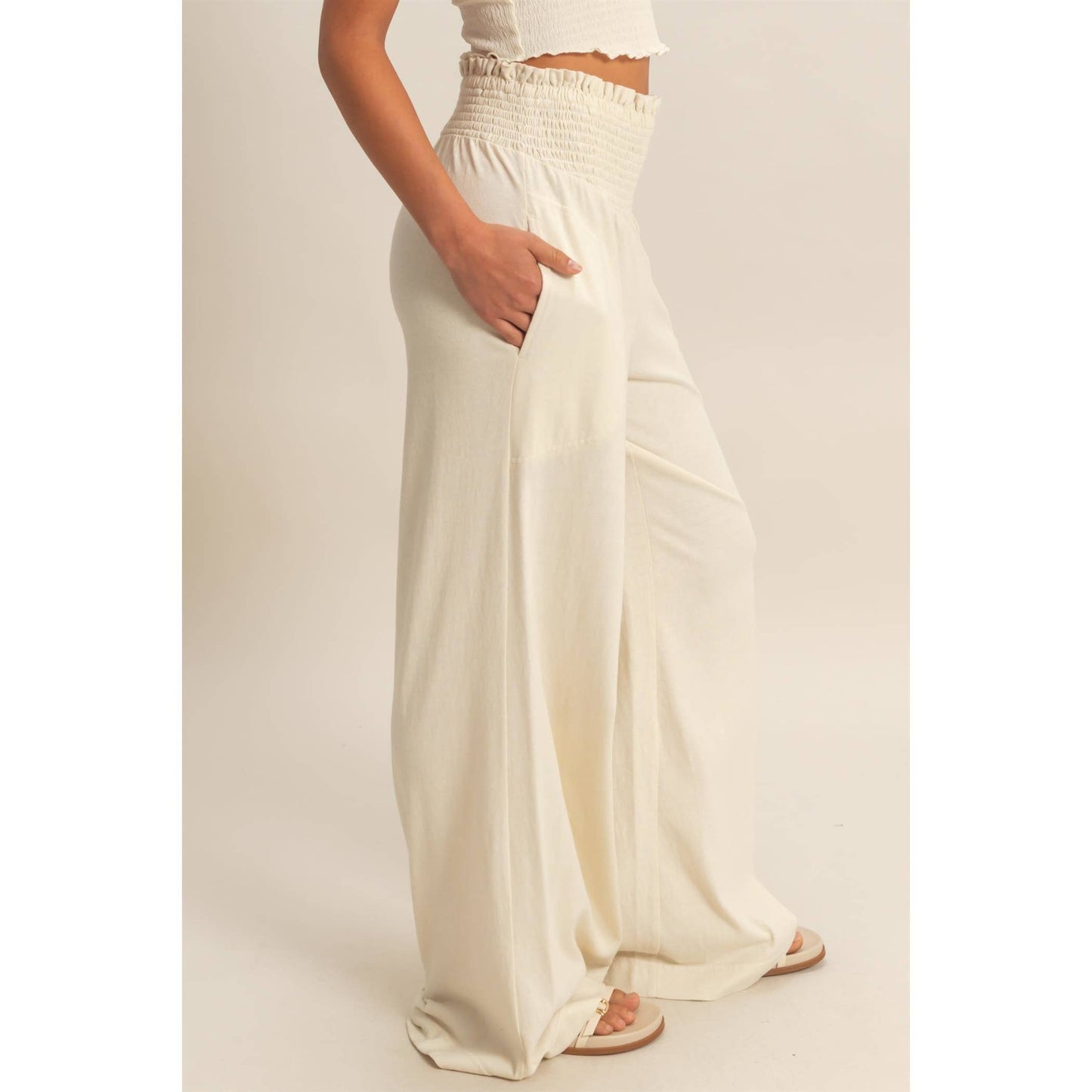 Mineral Washed Wide-Leg Smocked Waist Pants